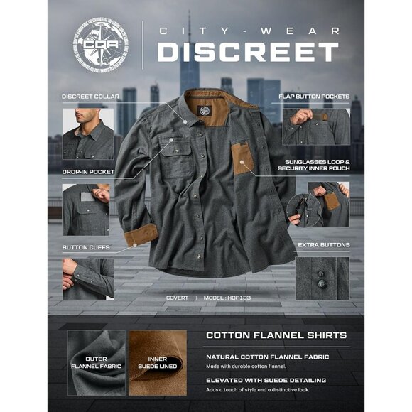 Mens Suede Grey Cotton Flannel Shirt Long Sleeve Casual Outdoor Plaid - Picture 8 of 9